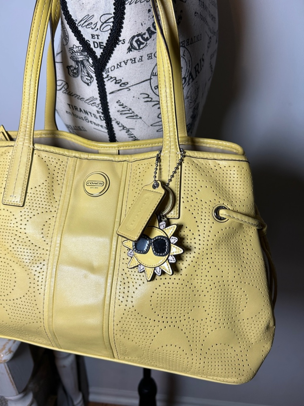 Coach Perforated Leather Yellow Tote Bag w/ Sun Bag Charm - Picture 2 of 11